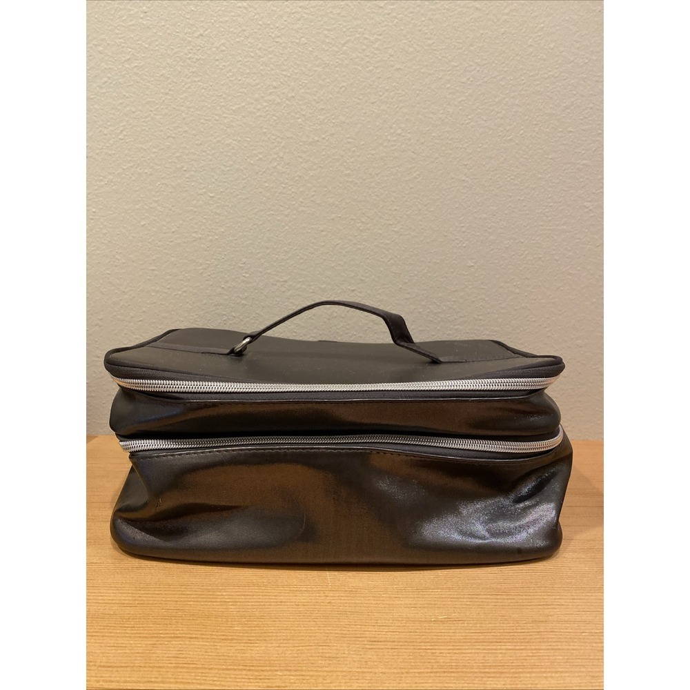 Lancôme Train Case Makeup Bag Tote‎ 12" x 8" x 6" Black Lined Red